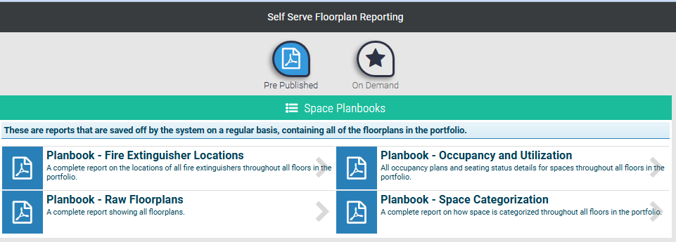 Pre-published planbooks: Fire Extinguisher Locations, Occupancy & Utilization, Raw Floorplans, Space Categorization
