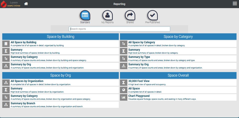 Portfolio Reporting dashboard showing space by building, category, and organization