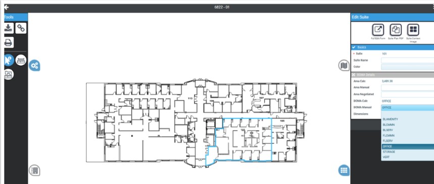 Edit Suite panel with basics, BOMA details, area calculations, and BOMA category picker
