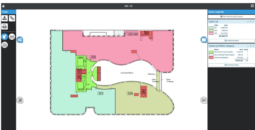 Floor plan with color-coded BOMA categories, Query Legends, Suite List, and Suites by BOMA Category rollups